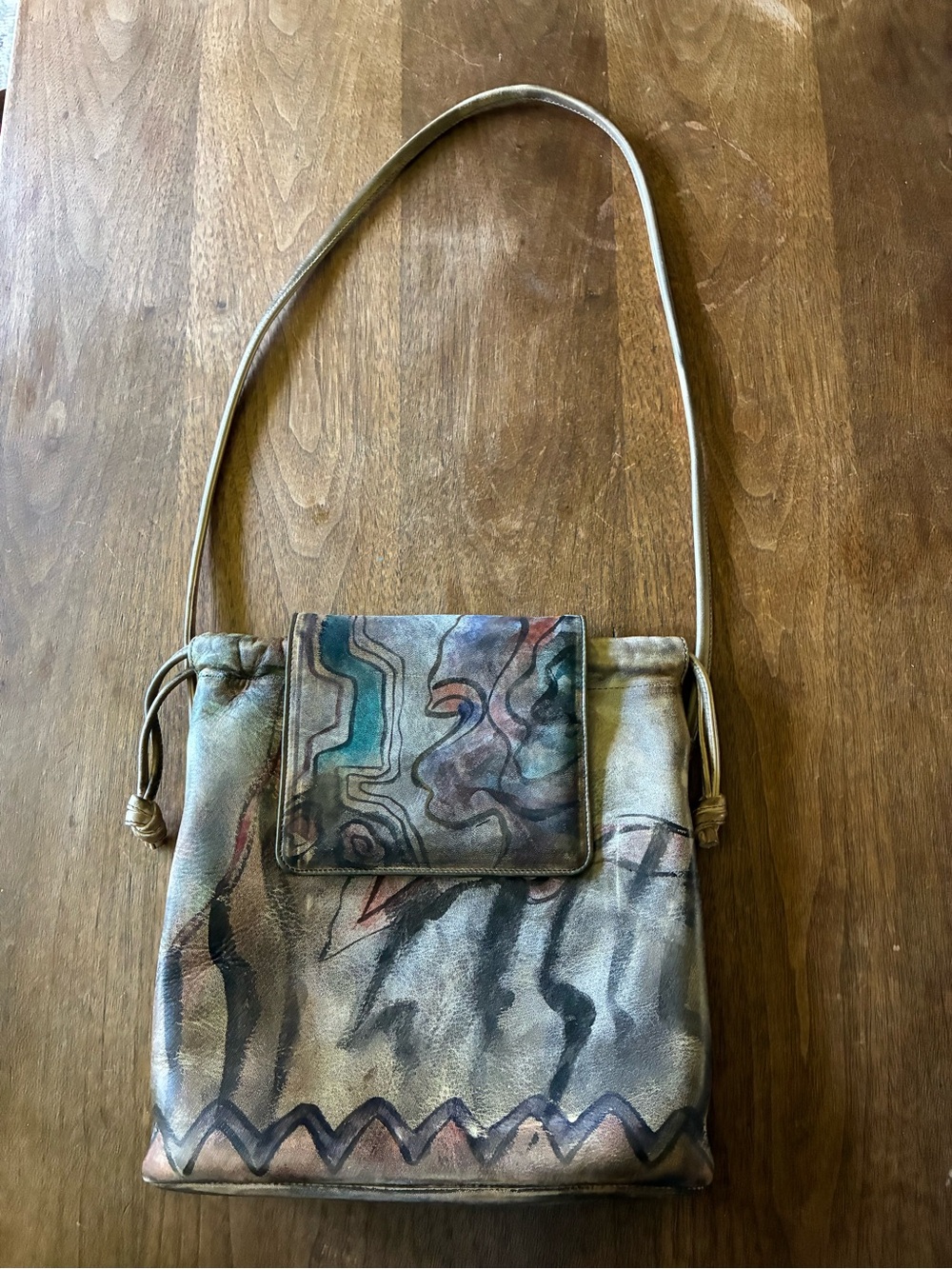 Vintage Jane Yoo Hand Painted Leather Wearable Art Shoulder Bag